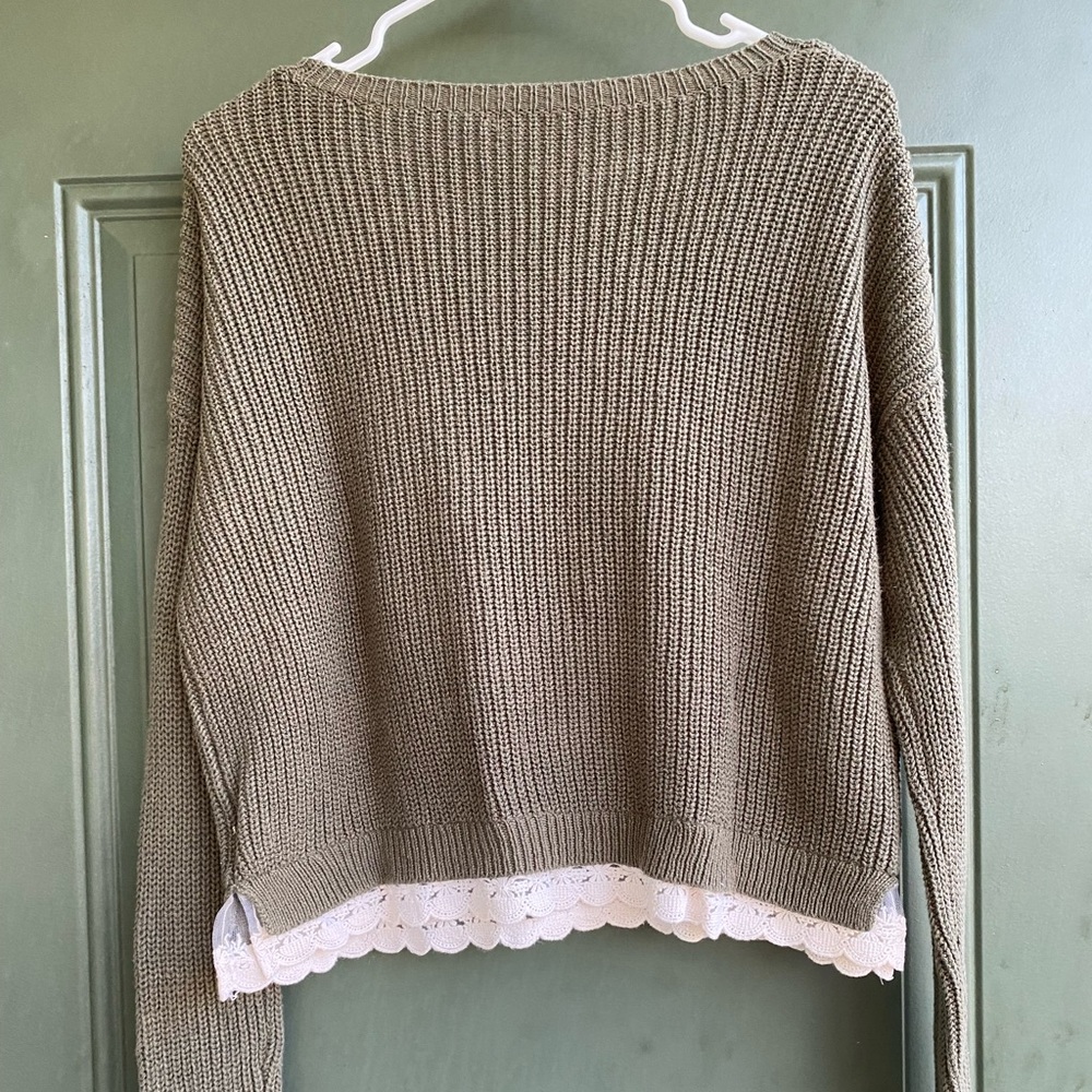 Kimchi Blue Knit Green Sweater with Cream Lace Fringe Size Small - Picture 4 of 5